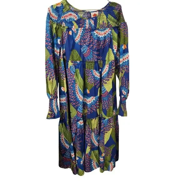 Farm Rio Macaw cotton long-sleeve blue midi dress size XS
